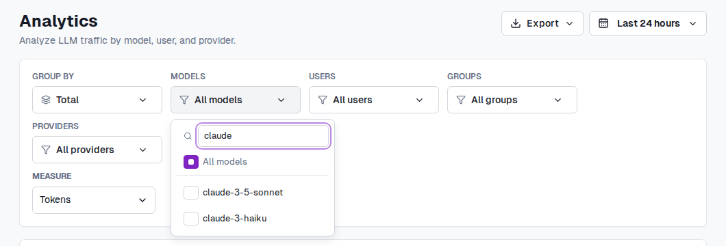 Analytics filters with the Models dropdown open and claude typed in its search box, which narrows the list to two Claude models