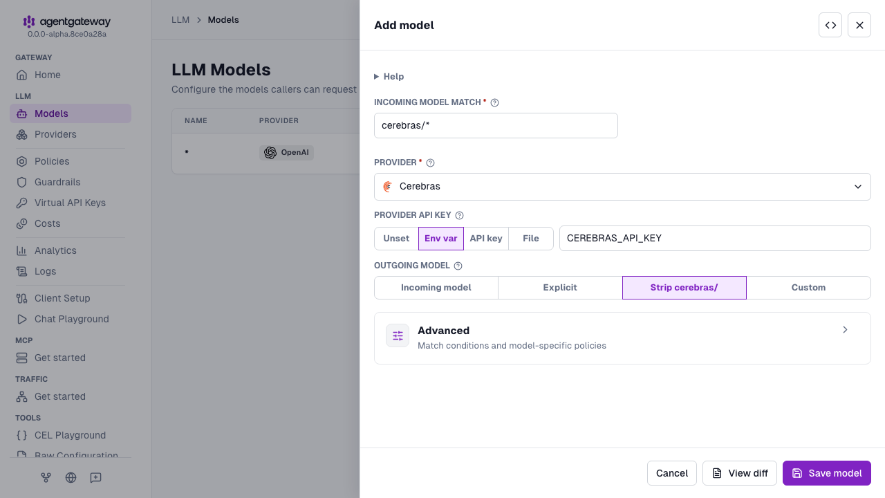 Add model drawer with Cerebras selected as the provider, cerebras/* as the incoming model match, and CEREBRAS_API_KEY as the environment variable for the provider API key