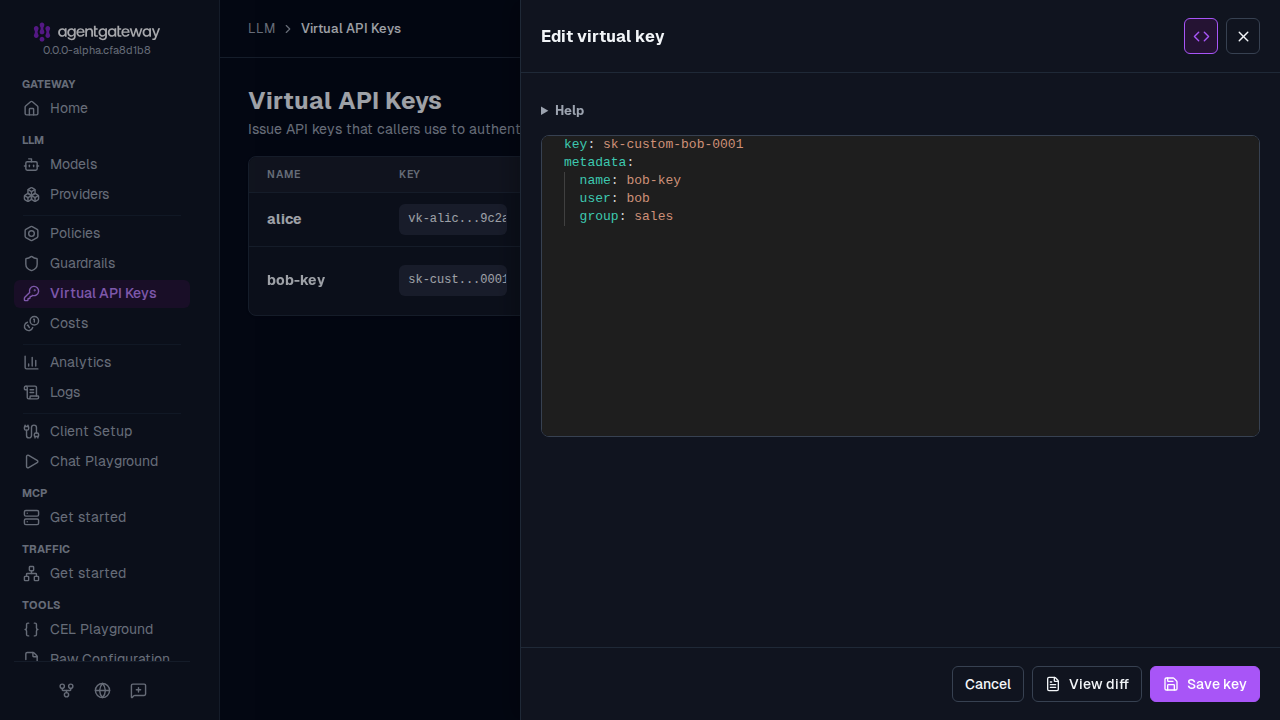 Edit virtual key drawer in raw mode with the YAML for the bob-key virtual API key