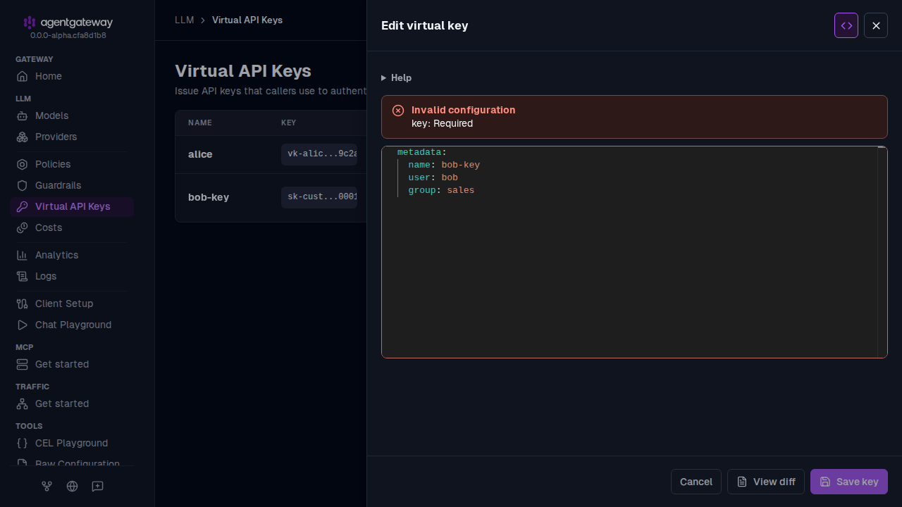 Edit virtual key drawer in raw mode with an Invalid configuration banner that reports key: Required, and the Save key button turned off