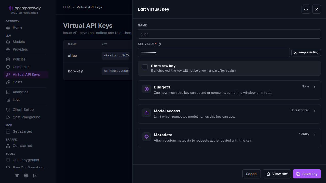 Edit virtual key drawer for alice with a new value in the Key value field, a Keep existing button, and the Store raw key option