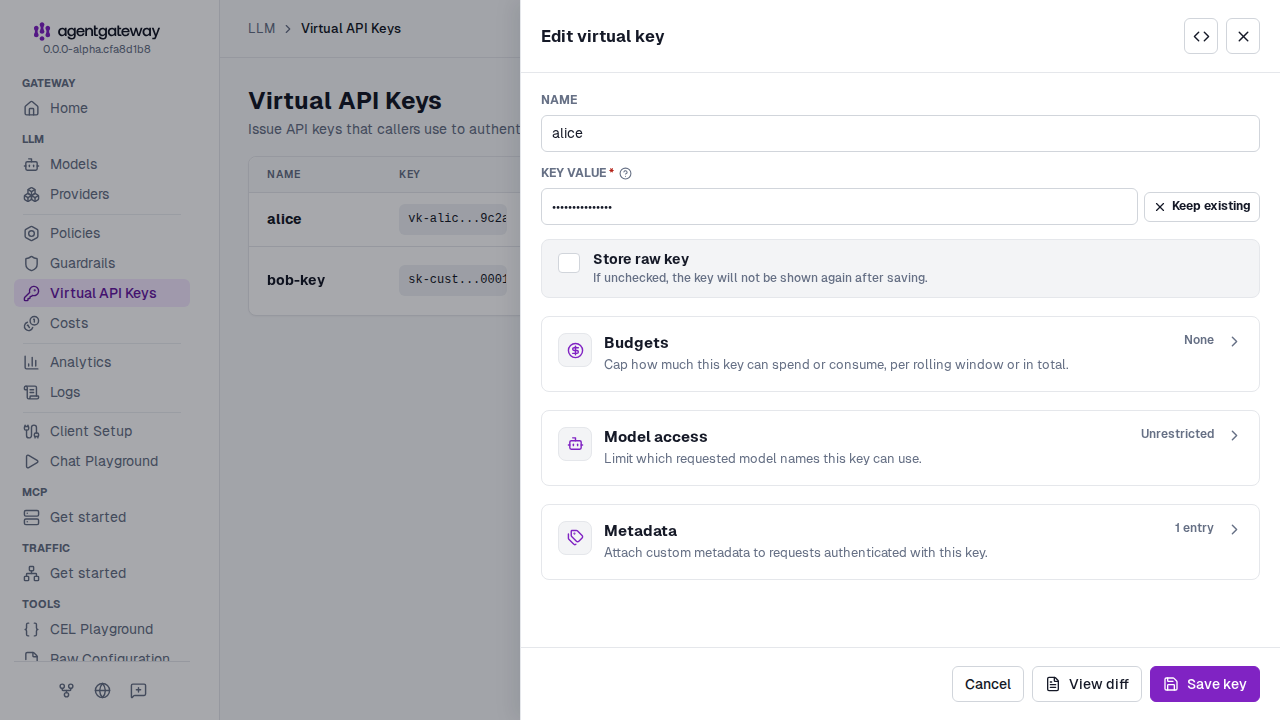 Edit virtual key drawer for alice with a new value in the Key value field, a Keep existing button, and the Store raw key option