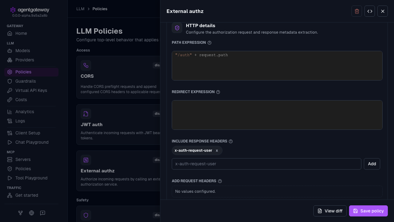External authorization drawer with the HTTP path expression and the x-auth-request-user response header