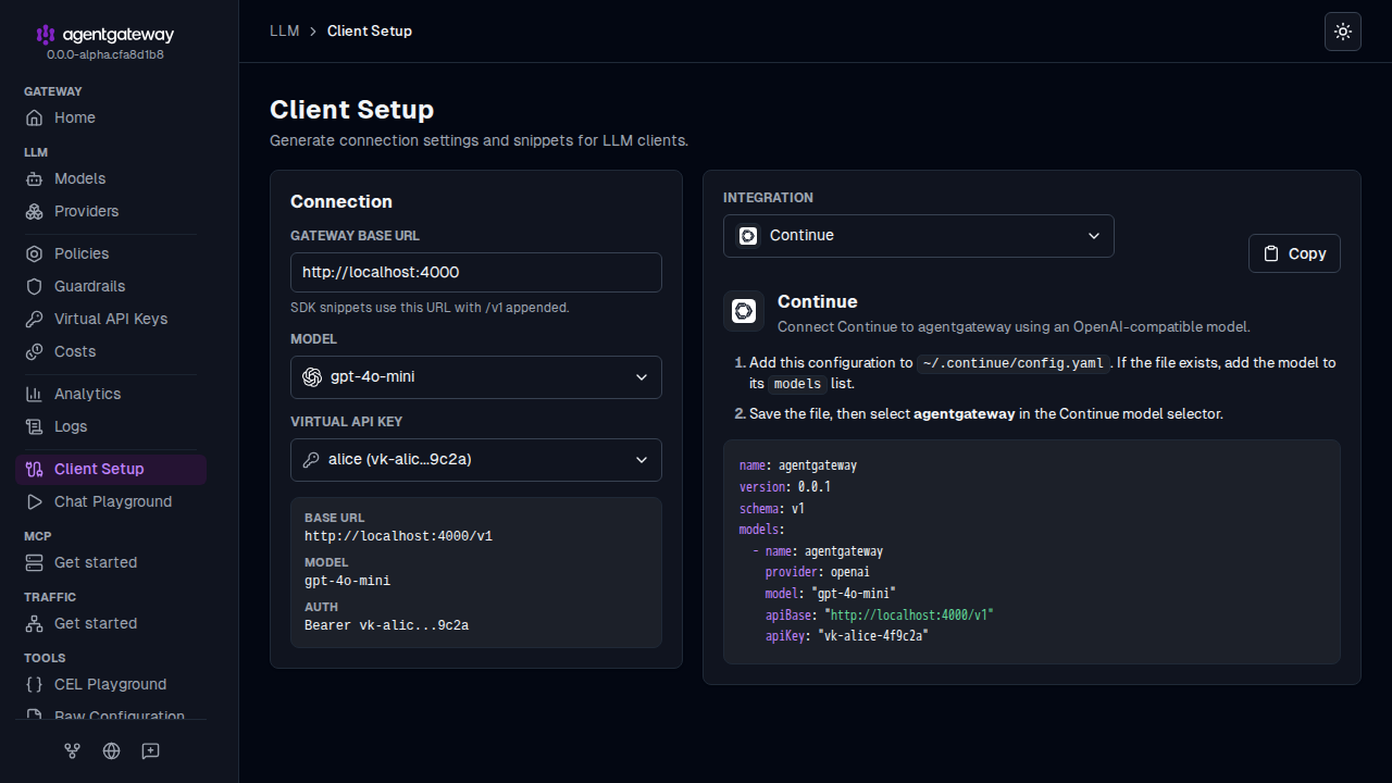 LLM Client Setup page with Continue selected as the integration and a generated model entry for the Continue config.yaml file
