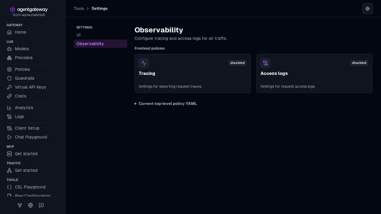 Settings Observability page with the Tracing and Access logs cards, both marked disabled