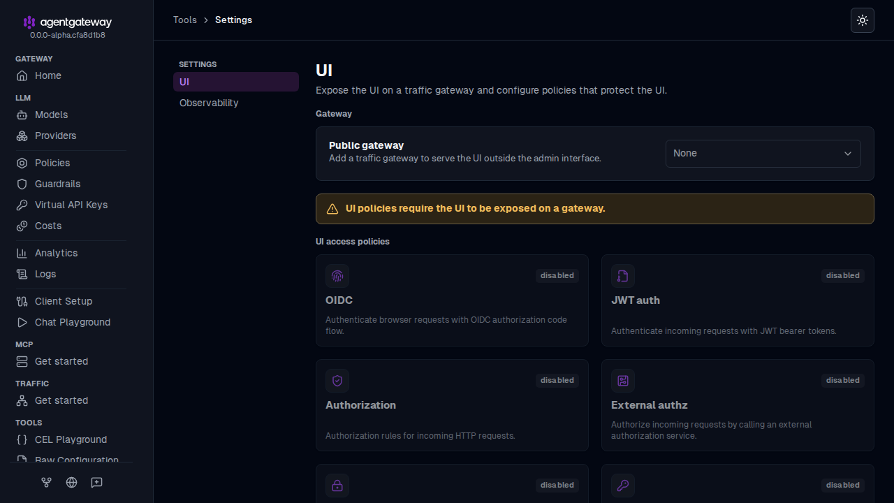 Settings UI page with the Public gateway dropdown set to None and the UI access policy cards, such as OIDC and JWT auth, marked disabled