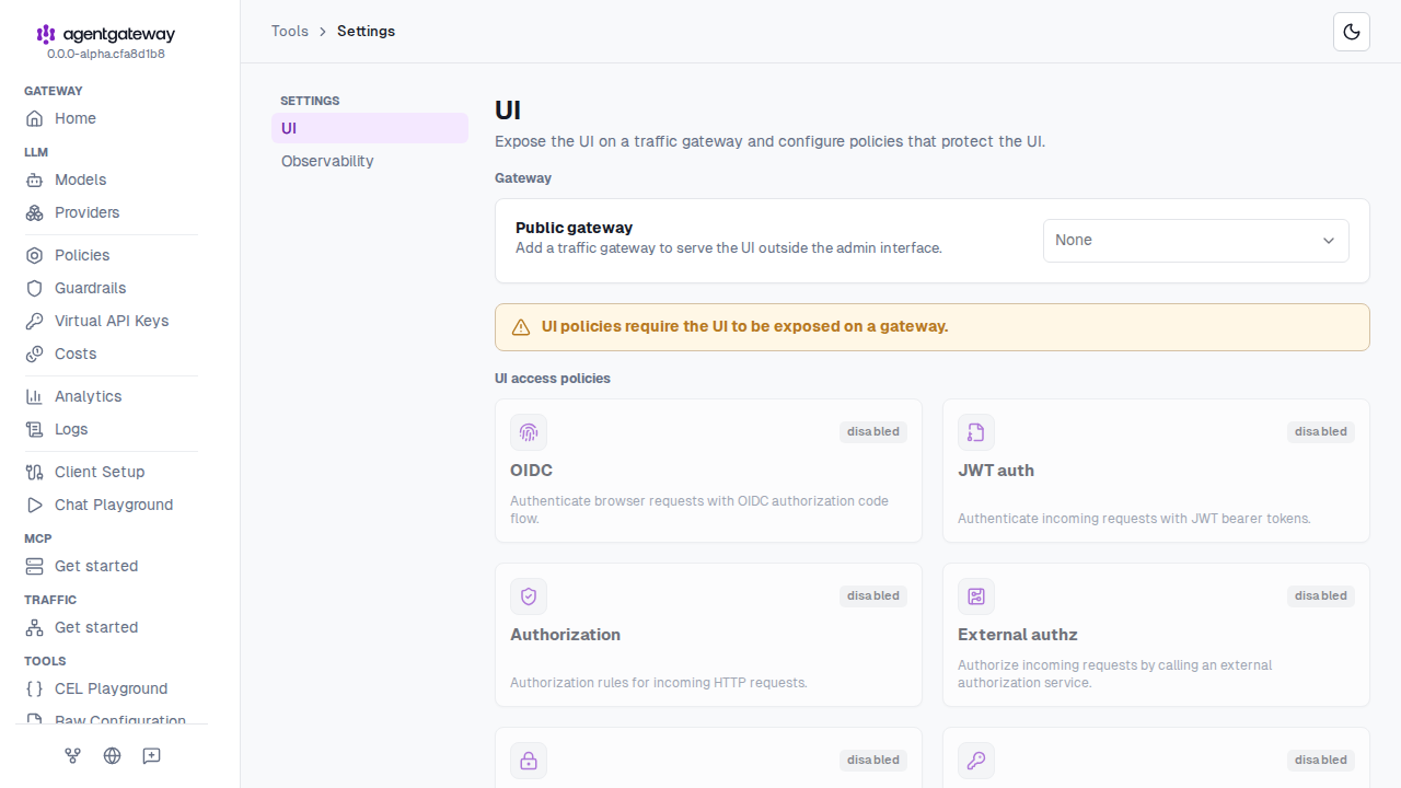 Settings UI page with the Public gateway dropdown set to None and the UI access policy cards, such as OIDC and JWT auth, marked disabled