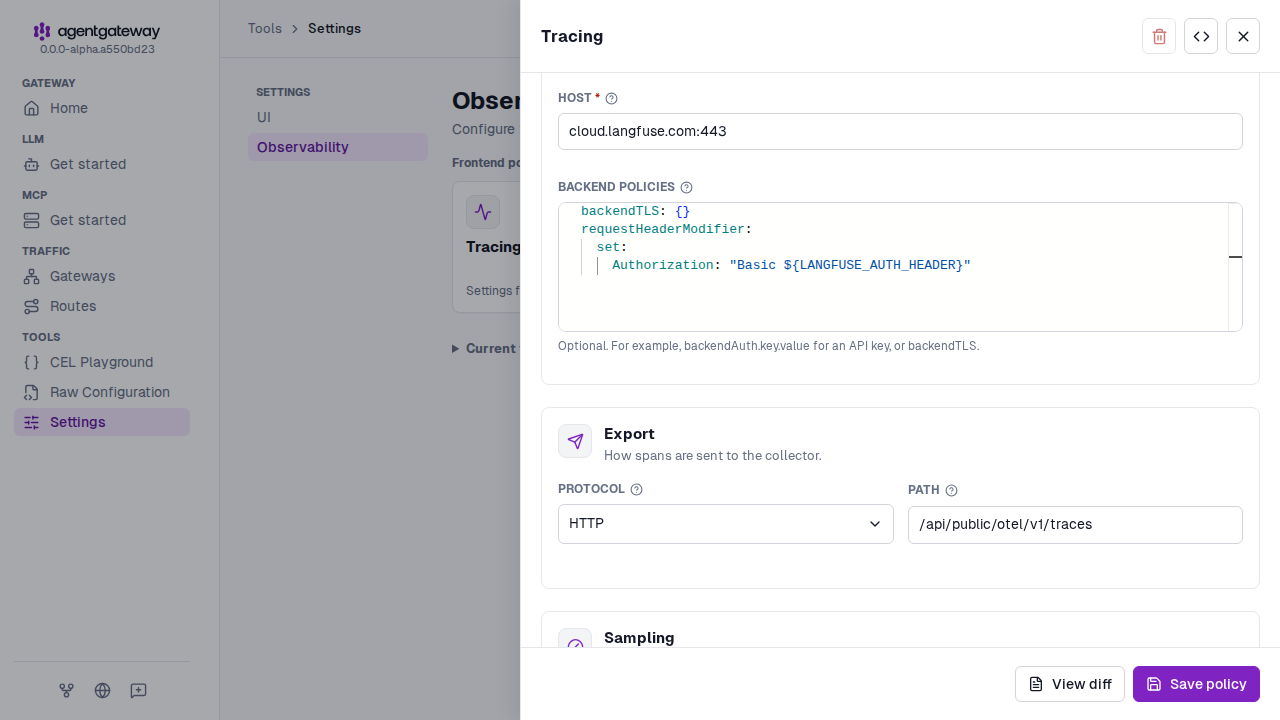 Tracing drawer with the host cloud.langfuse.com:443, backend policies that set backendTLS and an Authorization header, the HTTP protocol, and the Langfuse traces path