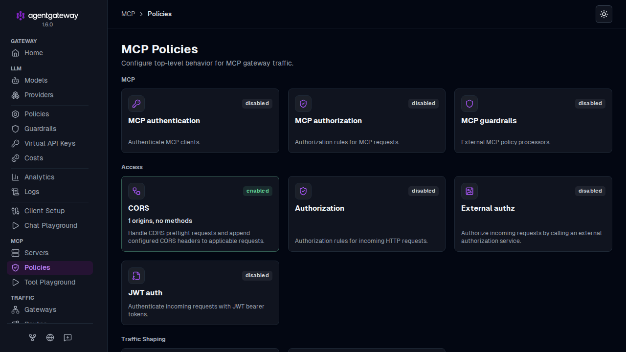 MCP Policies page with policy cards such as MCP authentication, MCP authorization, and CORS, each marked enabled or disabled
